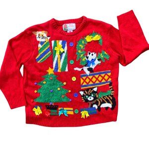 Merry Christmas Novelty Print Cats Holiday Festive Ugly Christmas Sweater-XL